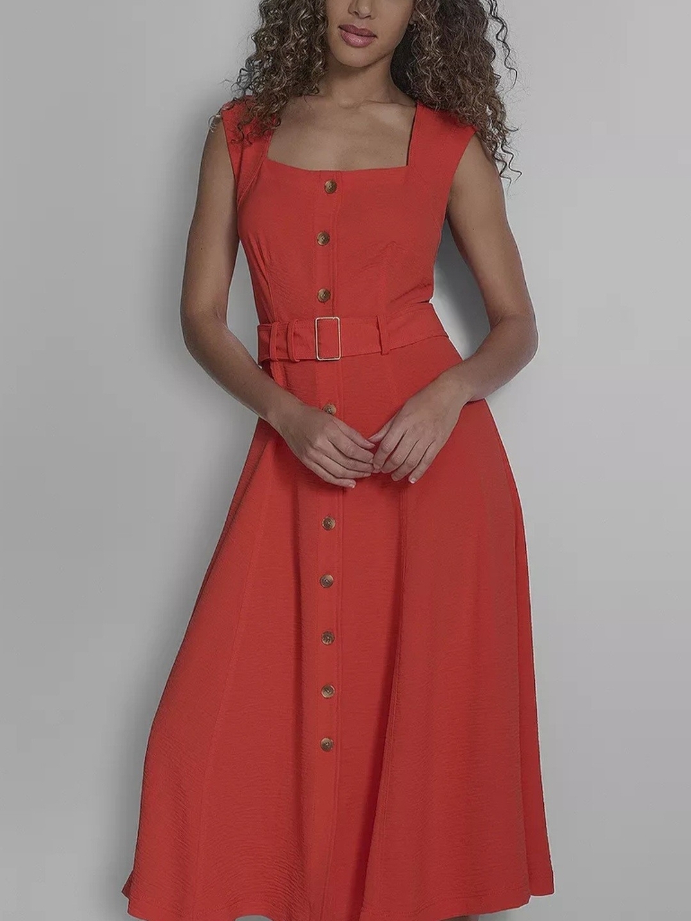 Harper Rose Square-Neck Button-Front Midi Dress with Belt